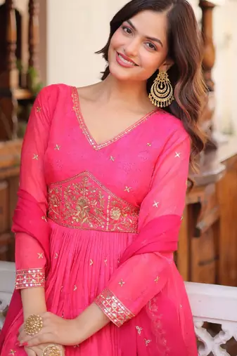 Pink silk readymade anarkali suit with embroidery & zari work