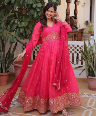 Pink silk readymade anarkali suit with embroidery & zari work 3
