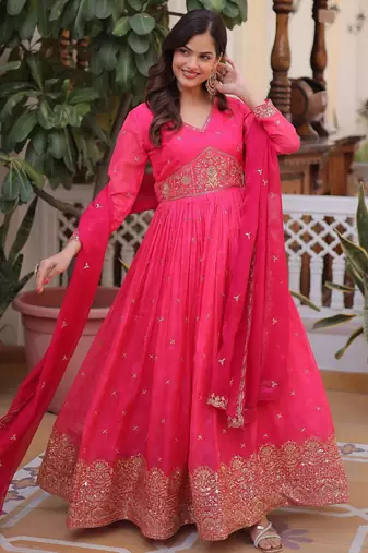 Pink silk readymade anarkali suit with embroidery & zari work