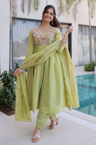 Green chanderi readymade anarkali suit with embroidery & beats work