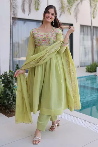 Green chanderi readymade anarkali suit with embroidery & beats work