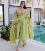Green chanderi readymade anarkali suit with embroidery & beats work