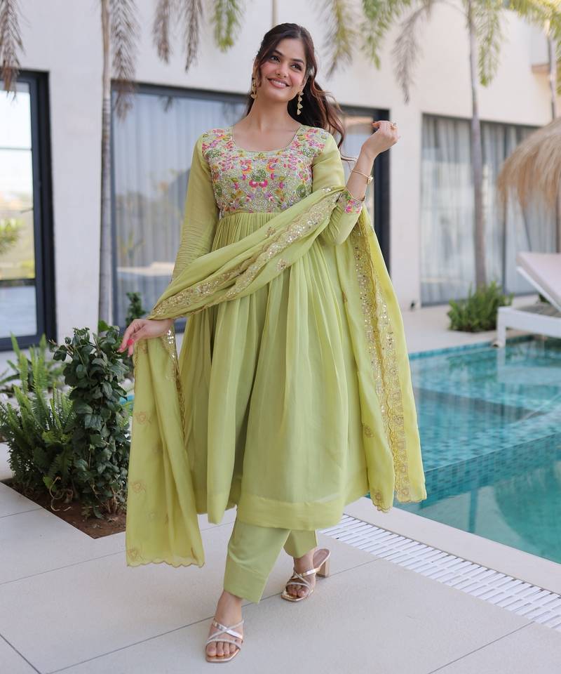 Green chanderi readymade anarkali suit with embroidery & beats work