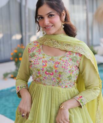 Green chanderi readymade anarkali suit with embroidery & beats work 2