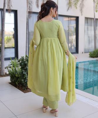 Green chanderi readymade anarkali suit with embroidery & beats work 4