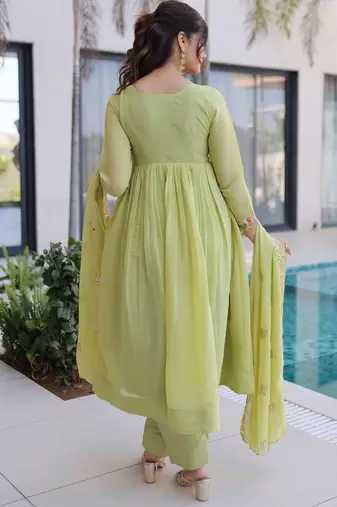 Green chanderi readymade anarkali suit with embroidery & beats work