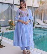 Blue chanderi readymade anarkali suit with embroidery & beats work