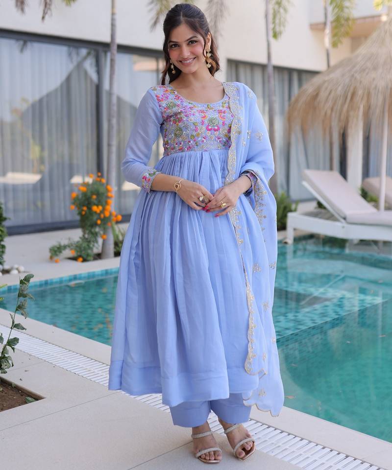 Blue chanderi readymade anarkali suit with embroidery & beats work