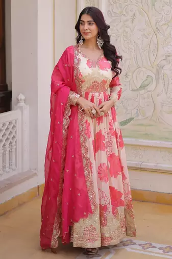 Pink silk readymade anarkali suit with embroidery & sequence work