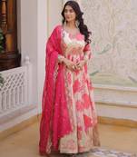 Pink silk readymade anarkali suit with embroidery & sequence work