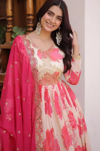 Pink silk readymade anarkali suit with embroidery & sequence work