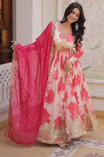 Pink silk readymade anarkali suit with embroidery & sequence work