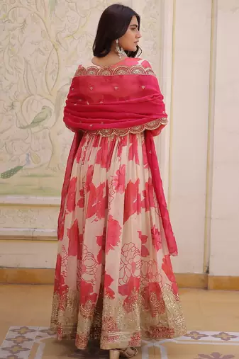 Pink silk readymade anarkali suit with embroidery & sequence work