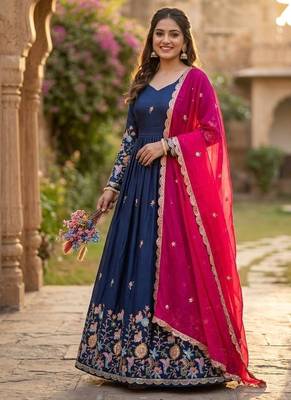 Navy silk readymade anarkali suit with thread embroidery & sequin  work 1