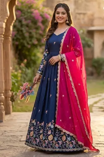 Navy silk readymade anarkali suit with thread embroidery & sequence work