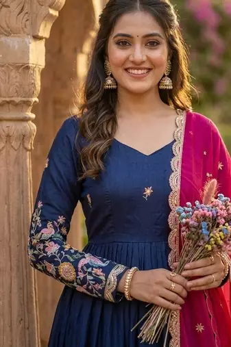 Navy silk readymade anarkali suit with thread embroidery & sequence work