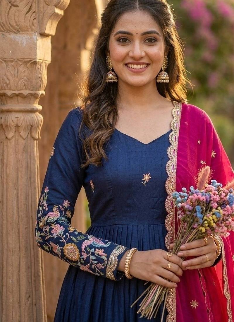 Navy silk readymade anarkali suit with thread embroidery & sequence work