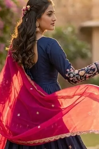 Navy silk readymade anarkali suit with thread embroidery & sequence work