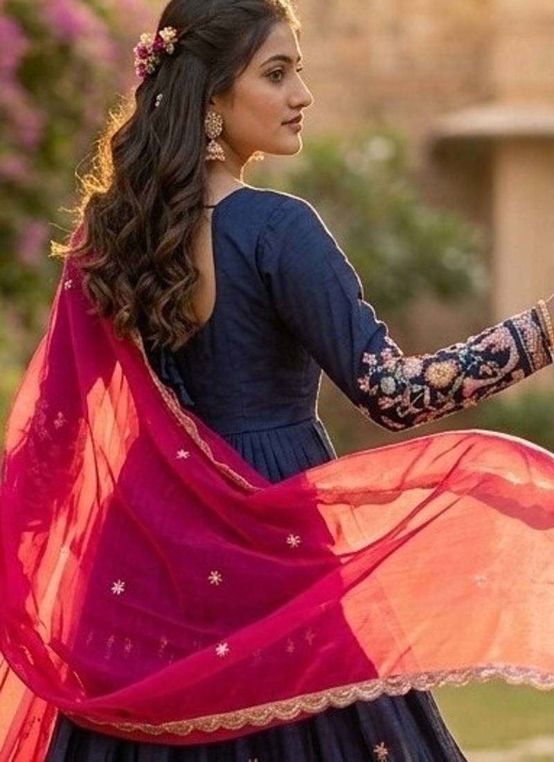 Navy silk readymade anarkali suit with thread embroidery & sequence work