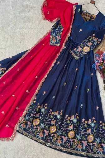 Navy silk readymade anarkali suit with thread embroidery & sequence work