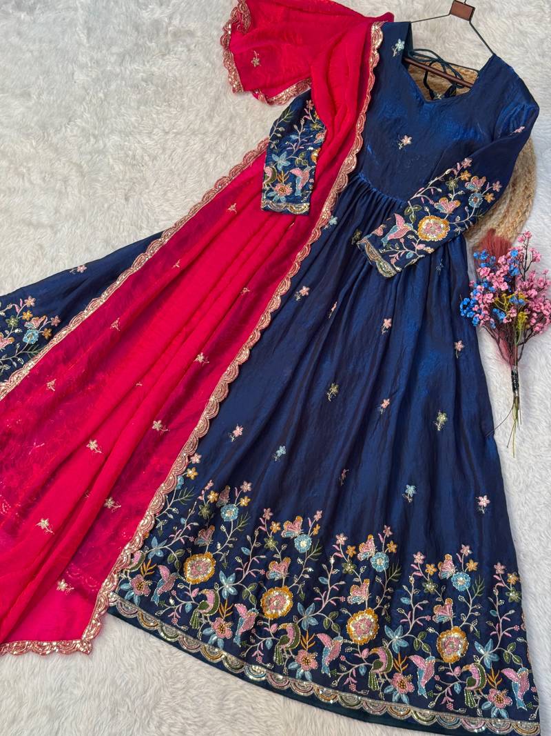 Navy silk readymade anarkali suit with thread embroidery & sequence work