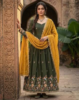 Mehendi silk readymade anarkali suit with thread embroidery & sequin  work 1