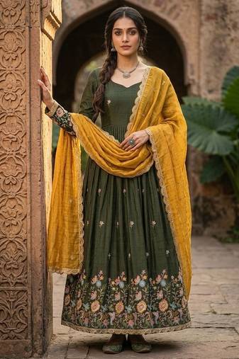 Mehendi silk readymade anarkali suit with thread embroidery & sequence work