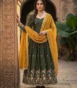 Mehendi silk readymade anarkali suit with thread embroidery & sequence work