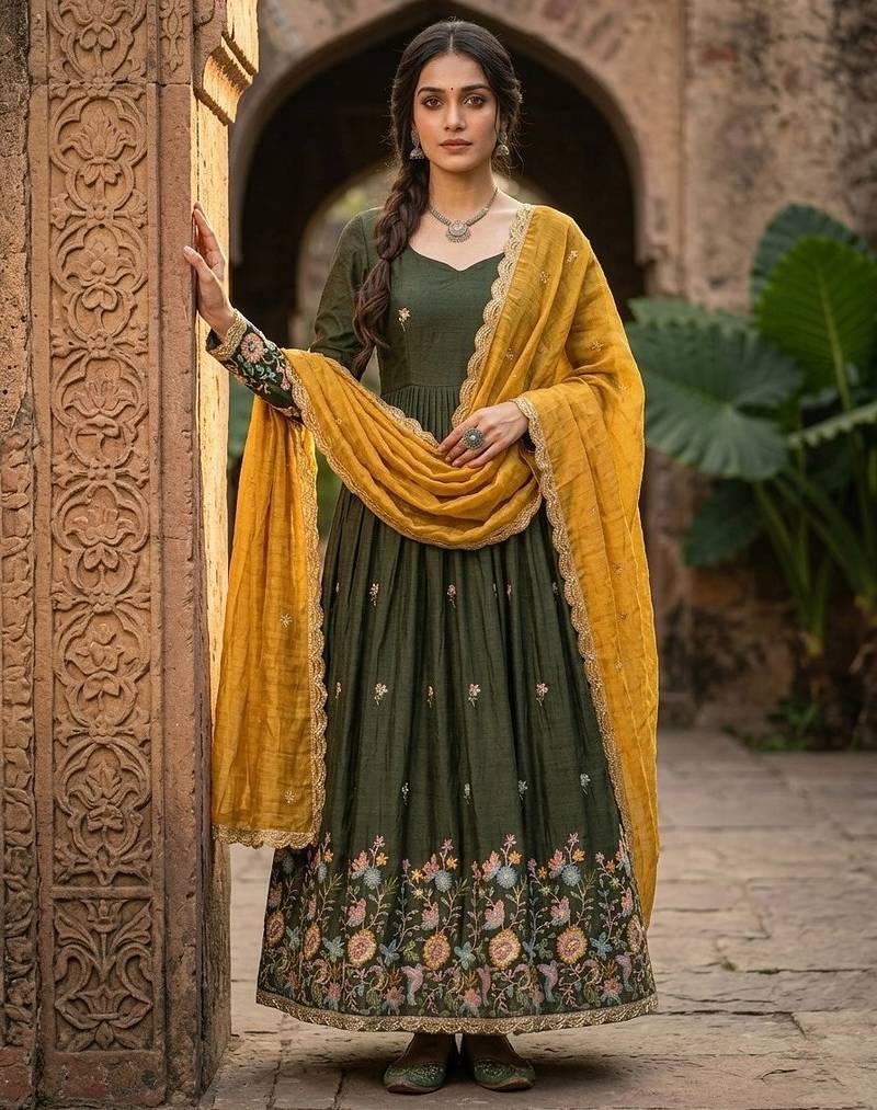 Mehendi silk readymade anarkali suit with thread embroidery & sequence work