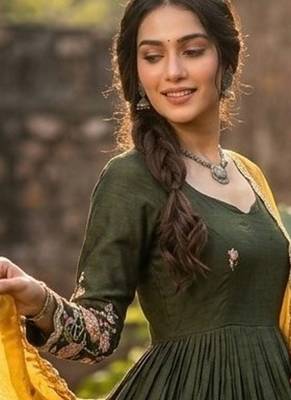 Mehendi silk readymade anarkali suit with thread embroidery & sequin  work 2