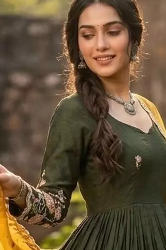 Mehendi silk readymade anarkali suit with thread embroidery & sequence work