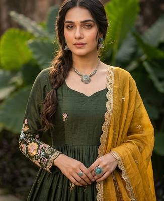 Mehendi silk readymade anarkali suit with thread embroidery & sequin  work 3