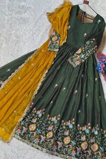 Mehendi silk readymade anarkali suit with thread embroidery & sequence work