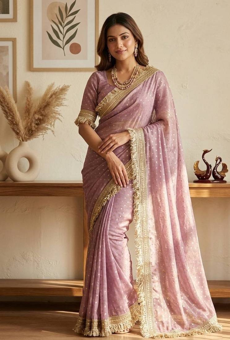 lavender fancy lace border with jaquard butti silk saree