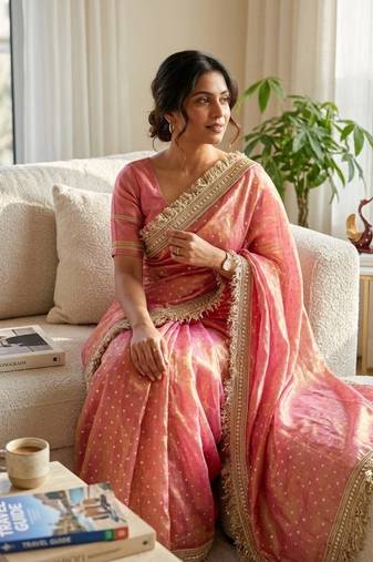 peach fancy lace border with jaquard butti silk saree