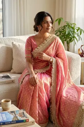 peach fancy lace border with jaquard butti silk saree