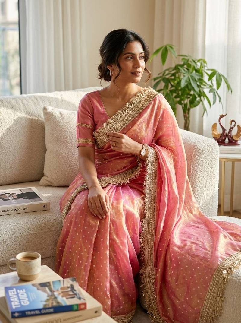 peach fancy lace border with jaquard butti silk saree