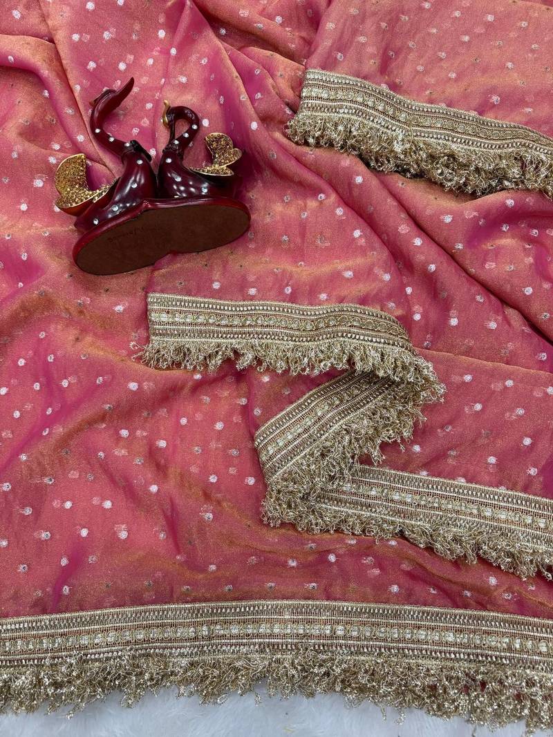 peach fancy lace border with jaquard butti silk saree