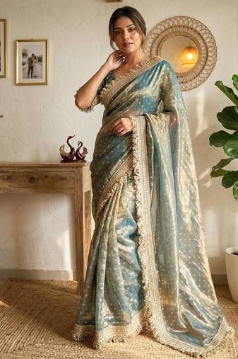 sky blue fancy lace border with jaquard butti silk saree