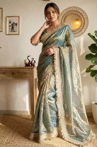 sky blue fancy lace border with jaquard butti silk saree