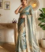 sky blue fancy lace border with jaquard butti silk saree