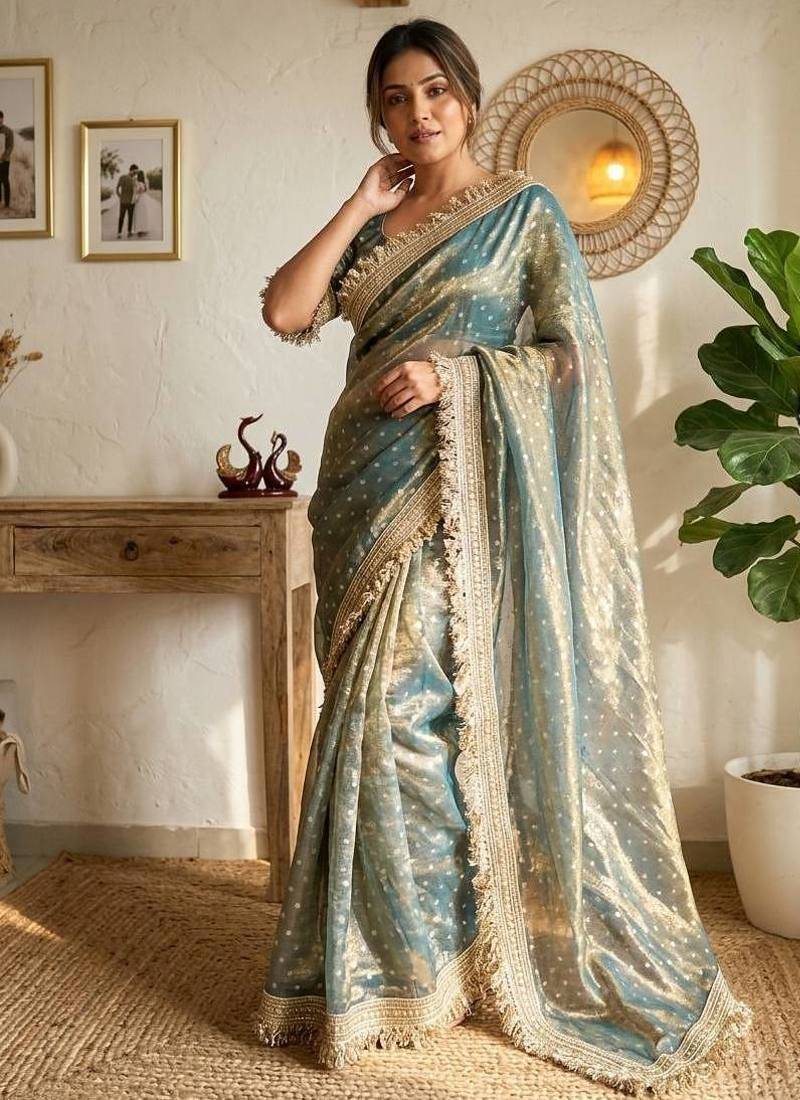 sky blue fancy lace border with jaquard butti silk saree