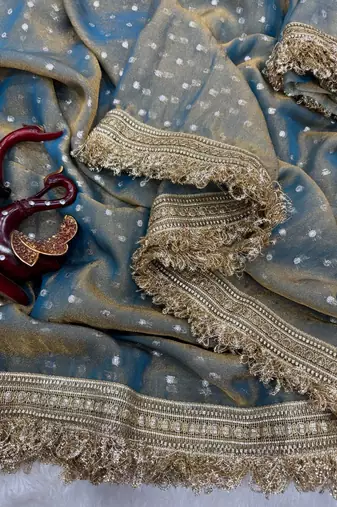 sky blue fancy lace border with jaquard butti silk saree