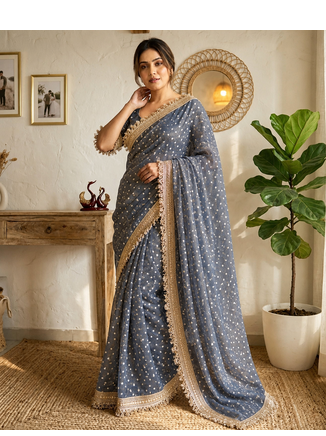grey fancy lace border with jaquard butti silk saree 1