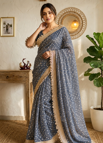 grey fancy lace border with jaquard butti silk saree