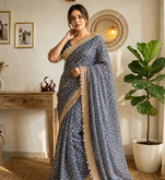 grey fancy lace border with jaquard butti silk saree