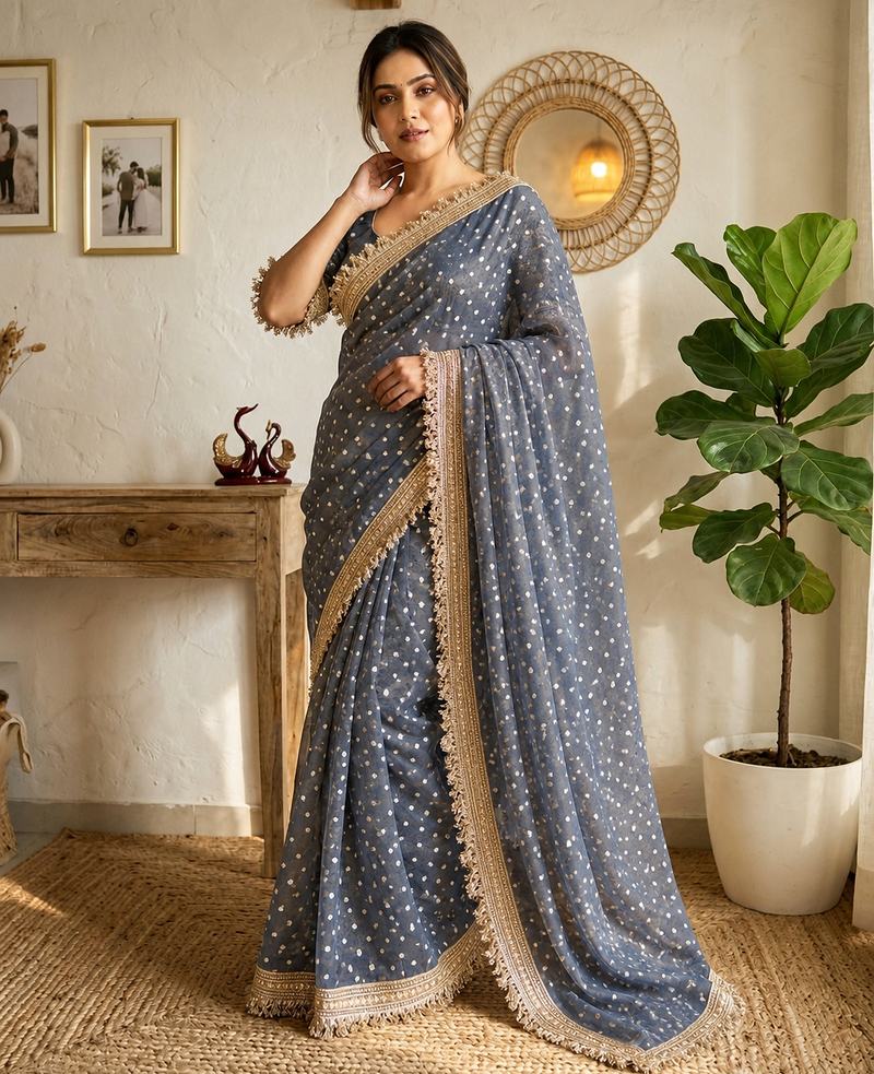 grey fancy lace border with jaquard butti silk saree