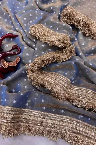 grey fancy lace border with jaquard butti silk saree