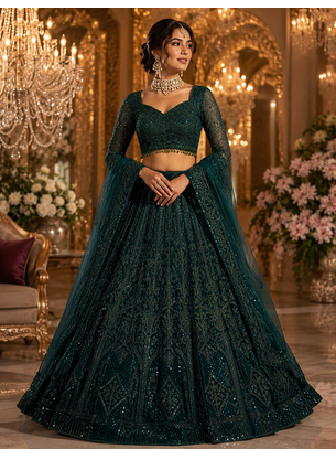 Green Wedding Designer Heavy Net Sequin Lehenga Choli for women's 1