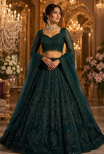 Green Wedding Designer Heavy Net Sequin Lehenga Choli for women's